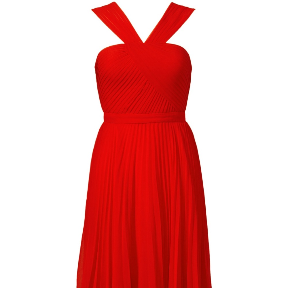 BCBGMaxAzria Red Pleated V-Neck Evening Special Occassion Dress